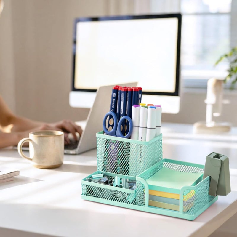 MG Mesh Pen Holder Desk Organizers Pencil Holder for Desk Light Blue, 3 Compartments Metal Office Supply Organizer with Sticky Notes Holder for Home Office - Image 4
